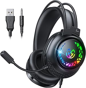 Tatybo Cascos Gaming para Ps4/Ps5/PC/XboxOne/Switch, Auriculares Gaming con Doble Diadema Adaptable, 3D Estéreo Sonido, Cascos con Cable Ligero con Luz RGB Tatybo Cascos Gaming para Ps4/Ps5/PC/XboxOne/Switch, Auriculares Gaming con Doble Diadema Adaptable, 3D Estéreo Sonido, Cascos con Cable Ligero con Luz RGB